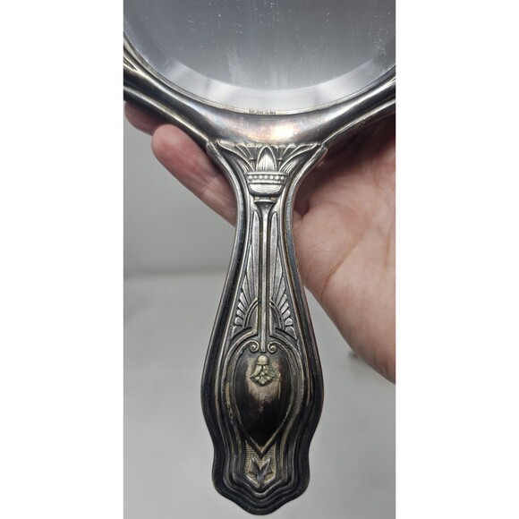 Antique Art Nouveau Silver Plated 10" Hand Vanity Mirror Victorian Design 1905 - Picture 5 of 12